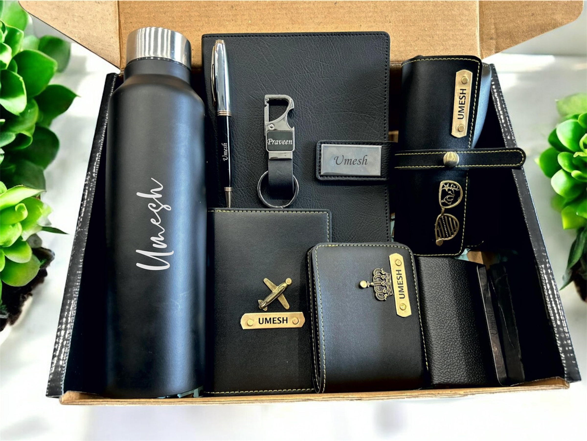 Father’s Day gift combo box with 8 personalized men’s accessories including matte bottle, diary, wallet, pen, passport cover, card holder, keychain, and eyewear case – perfect gift set for dad with free shipping.