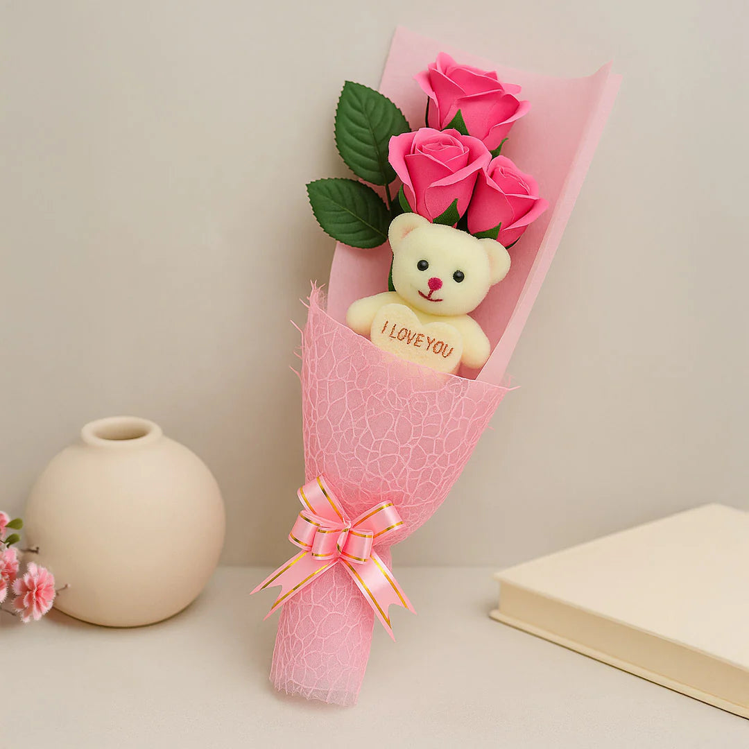 Teddy Bear with Pink Rose Bouquet