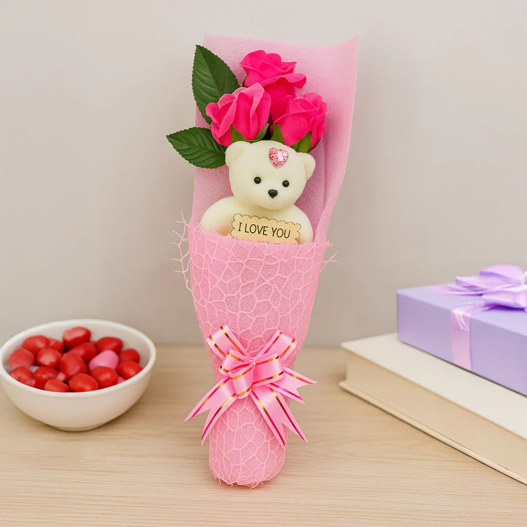 Teddy Bear with Pink Rose Bouquet