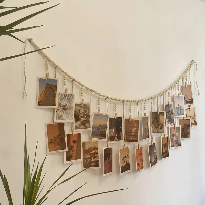 Boho Wood Bead Hanging Photo Frame with 18 Clips