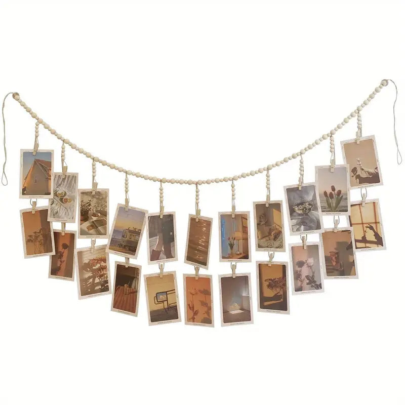 Boho Wood Bead Hanging Photo Frame with 18 Clips
