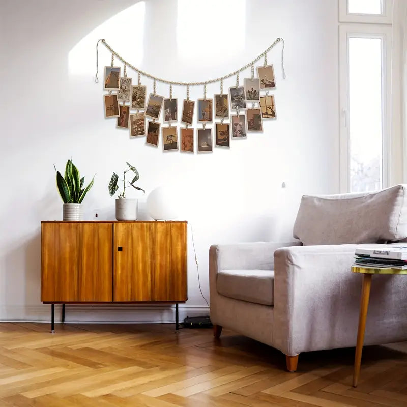 Boho Wood Bead Hanging Photo Frame with 18 Clips