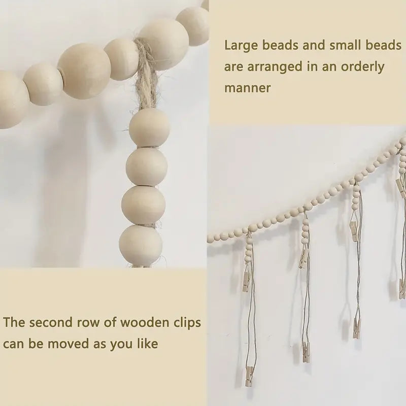 Boho Wood Bead Hanging Photo Frame with 18 Clips