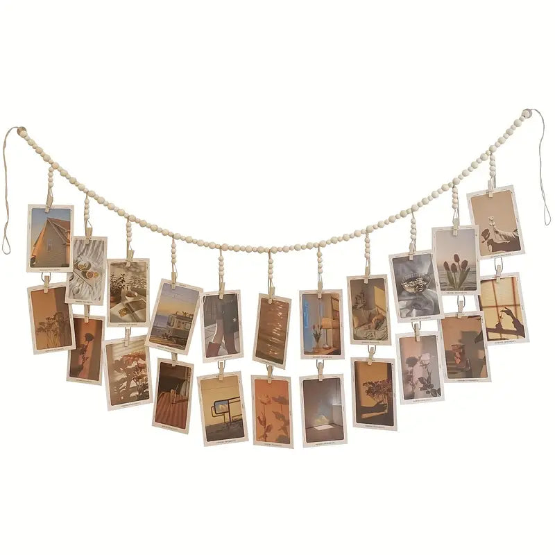 Boho Wood Bead Hanging Photo Frame with 18 Clips
