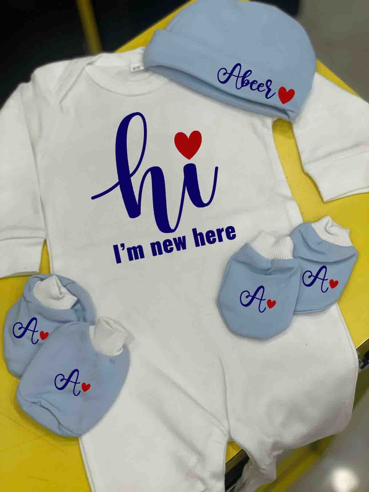 Customised Babywear Gift Set – Romper, Cap & Mittens
