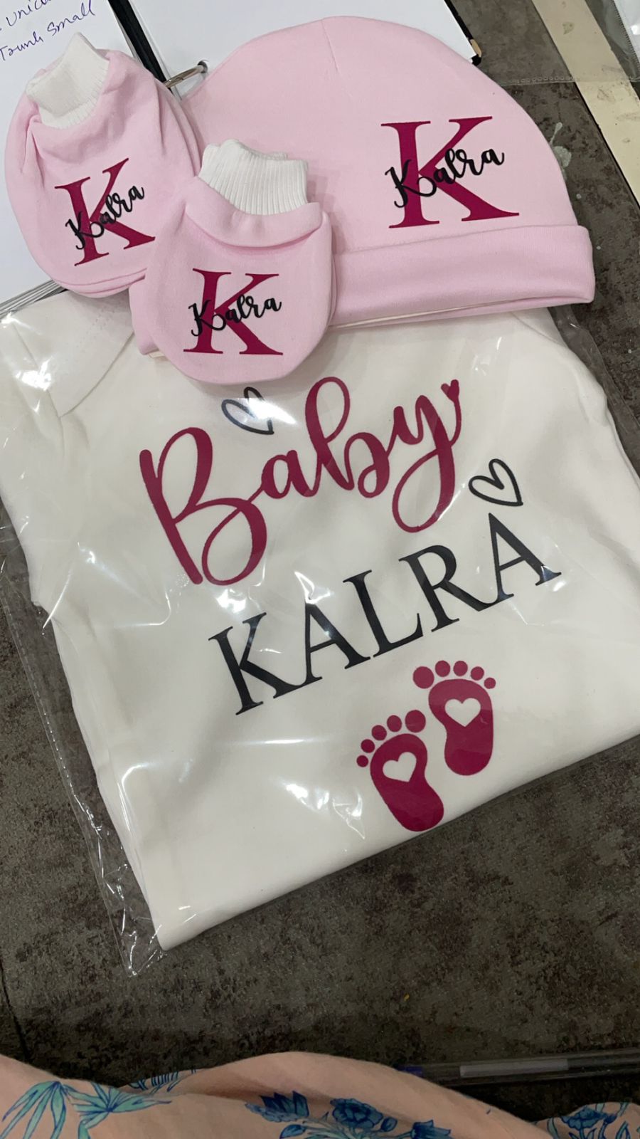 Customised Babywear Gift Set – Romper, Cap & Mittens