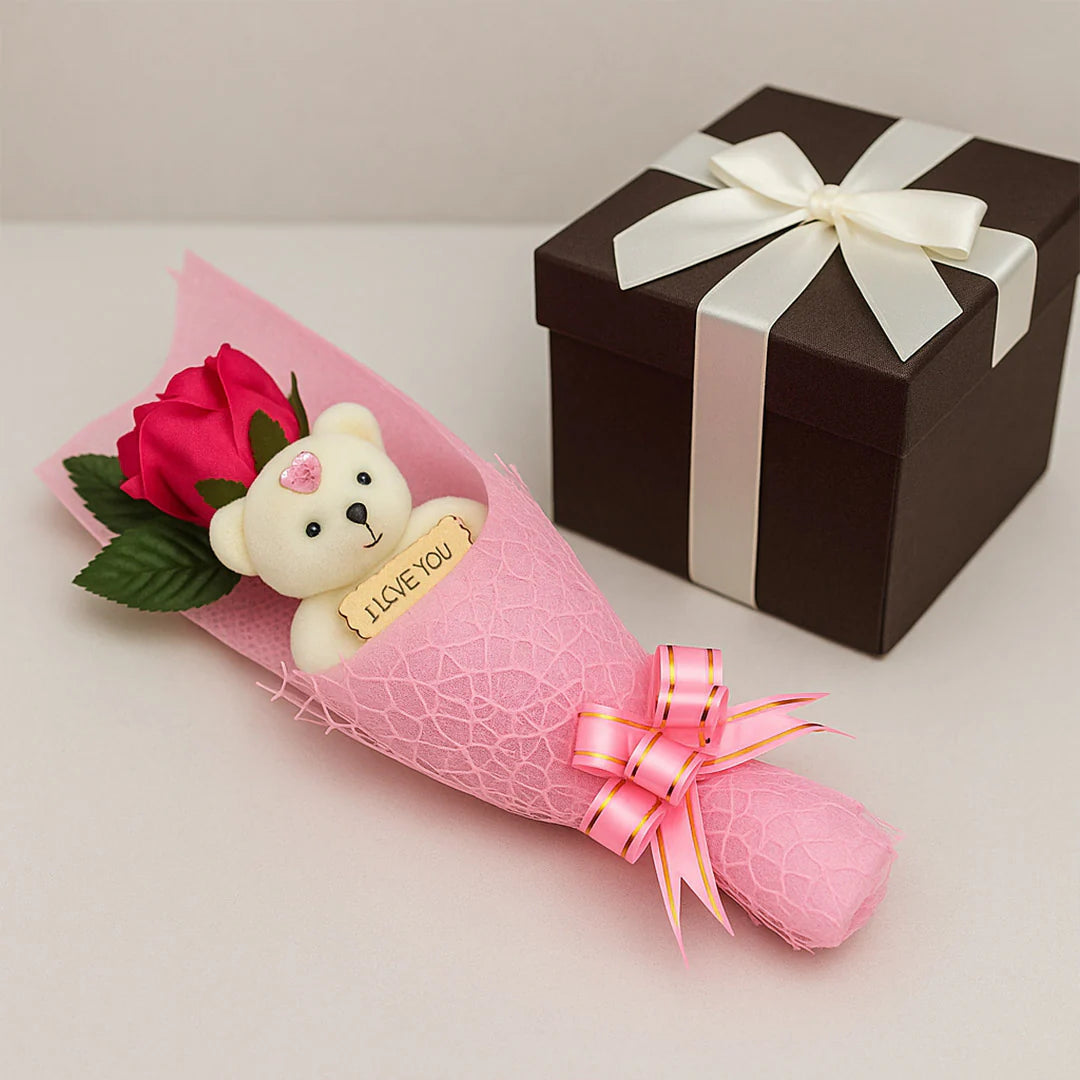 Teddy Bear with Pink Rose Bouquet