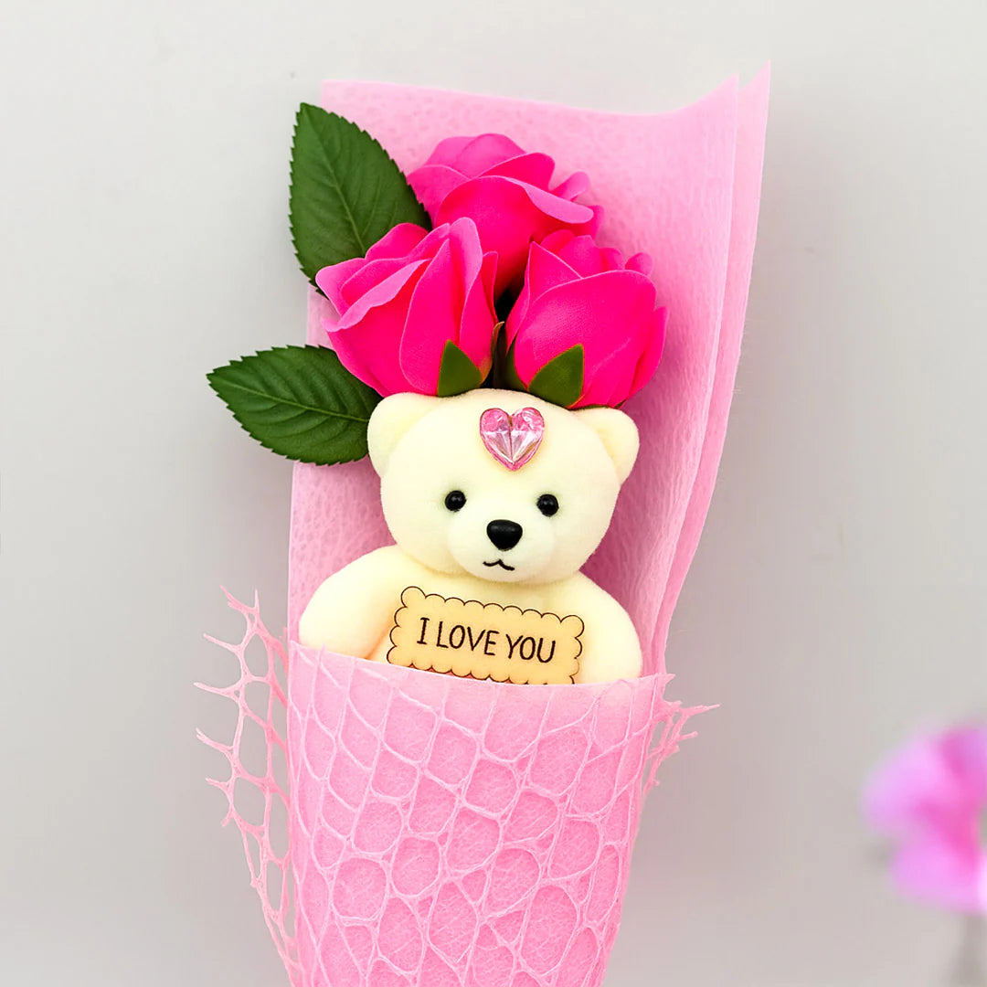 Teddy Bear with Pink Rose Bouquet