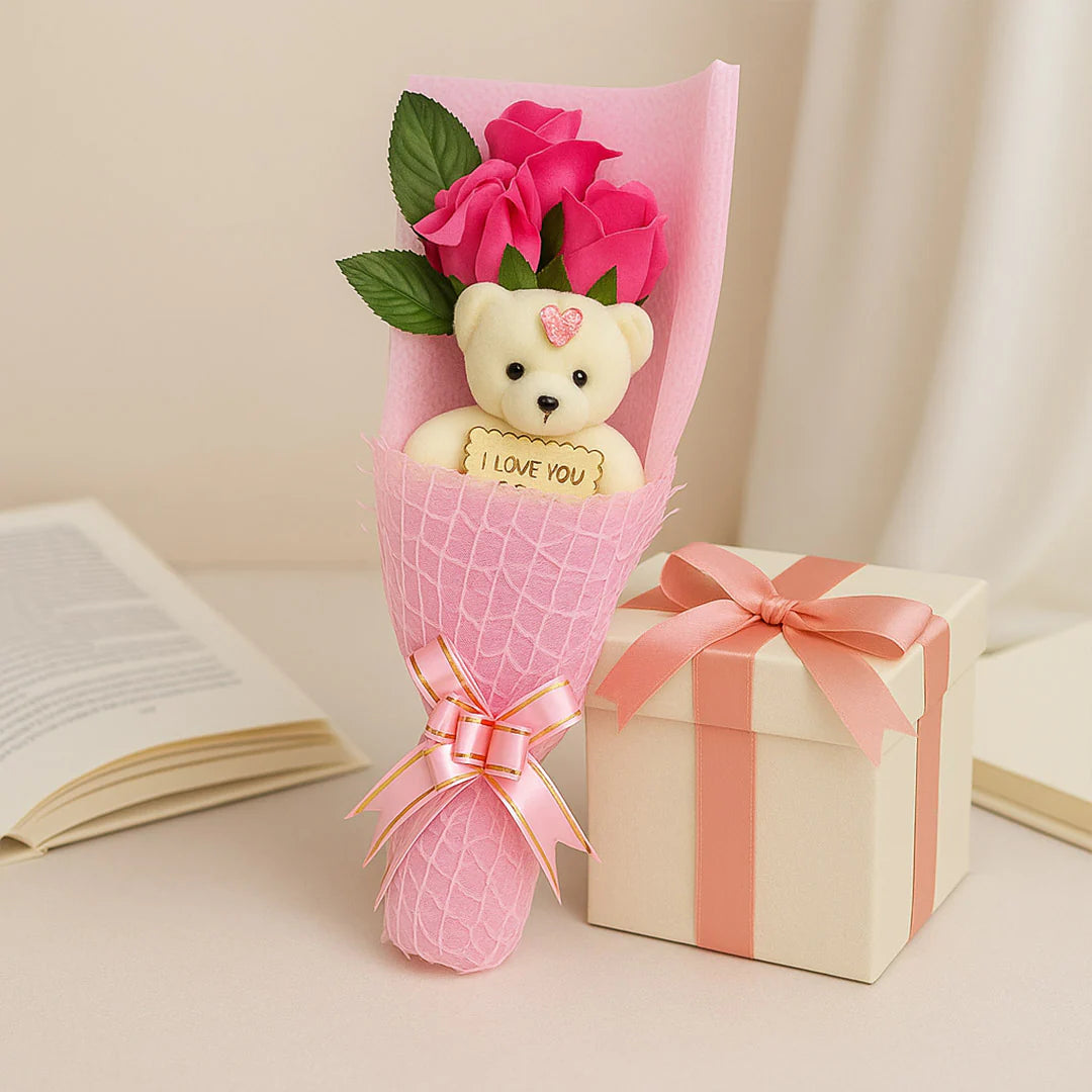 Teddy Bear with Pink Rose Bouquet