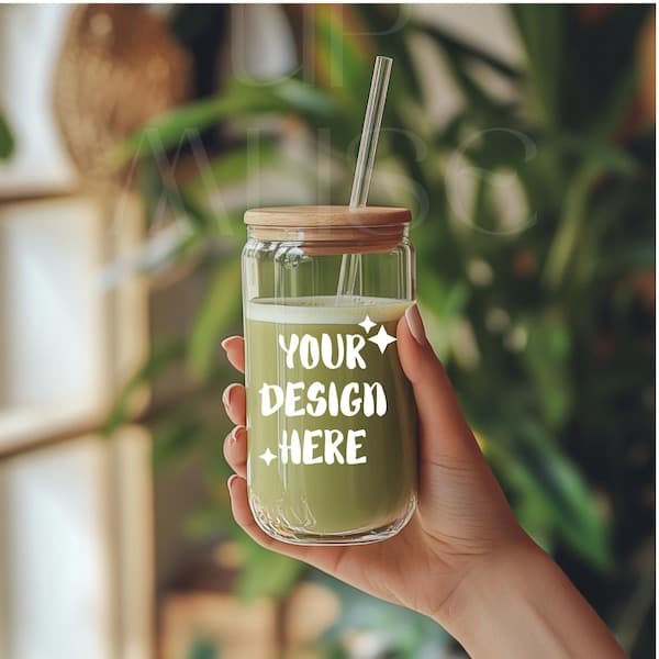 Custom Glass Can Tumbler with Bamboo Lid & Straw – Personalized Iced Coffee & Smoothie Cup