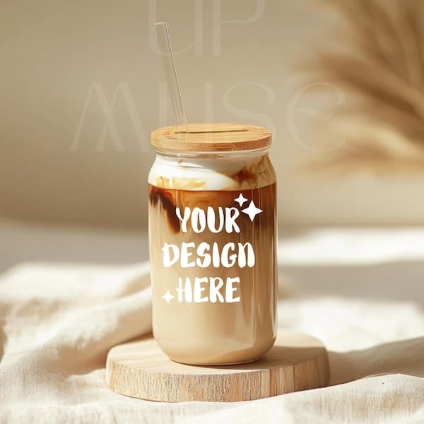Custom Glass Can Tumbler with Bamboo Lid & Straw – Personalized Iced Coffee & Smoothie Cup