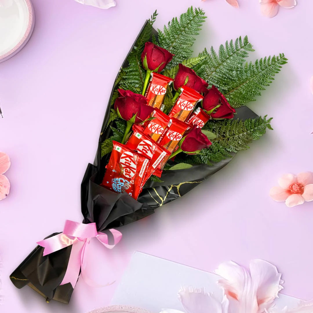 Red Roses With KitKat Chocolate Bouquet