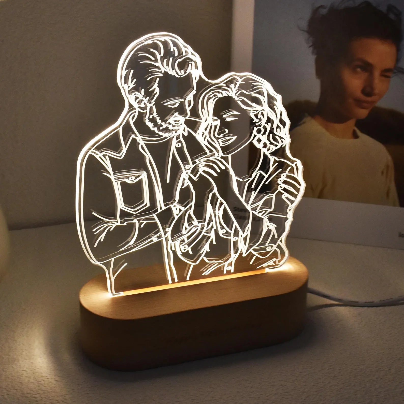 Custom 3D Photo Lamp, Couple Portrait From Photo Engraving on Night Light, Picture Night Light, Photo Desk Lamp for Bedroom, Birthday Gift