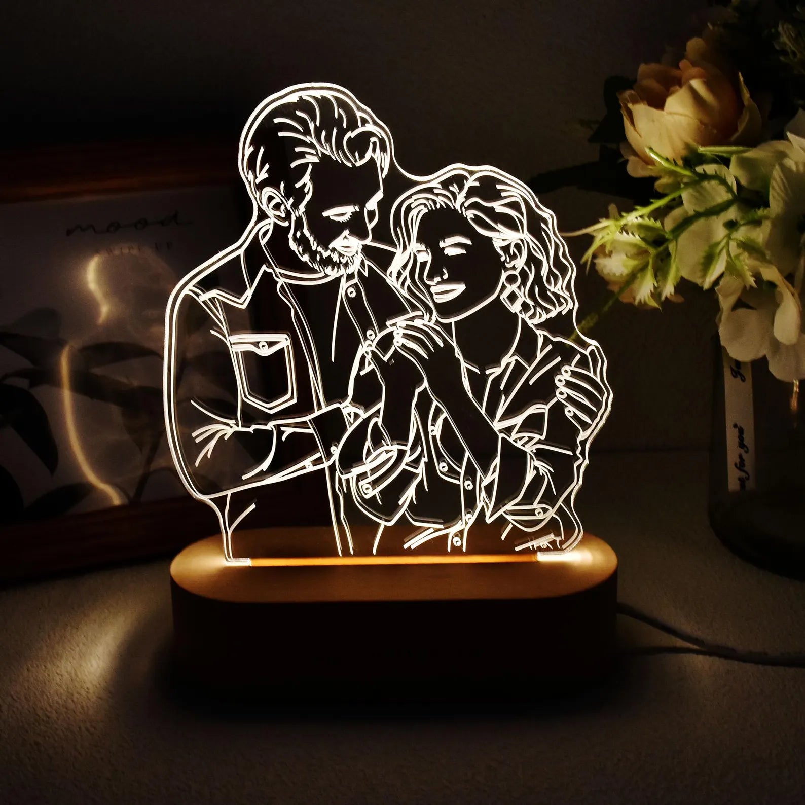 Custom 3D Photo Lamp, Couple Portrait From Photo Engraving on Night Light, Picture Night Light, Photo Desk Lamp for Bedroom, Birthday Gift