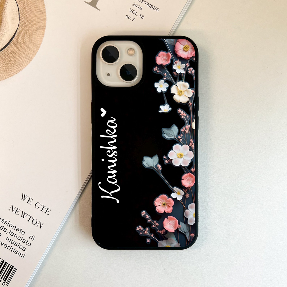 Black Elegance Floral Custom Name Glass Case