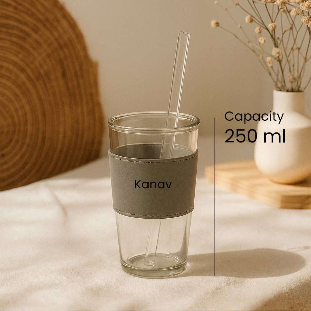 Customized Name Glass Tumbler with Straw – 250ml