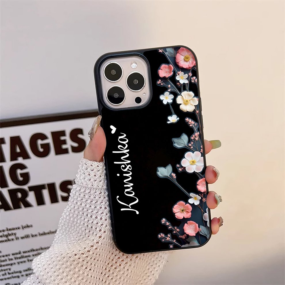 Black Elegance Floral Custom Name Glass Case