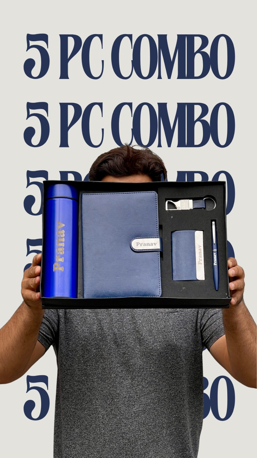 Luxury Personalized Gift Set – 5 in 1 Combo (Bottle, Diary, Card Holder, Keychain & Pen)