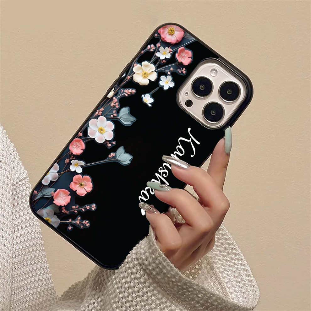 Black Elegance Floral Custom Name Glass Case