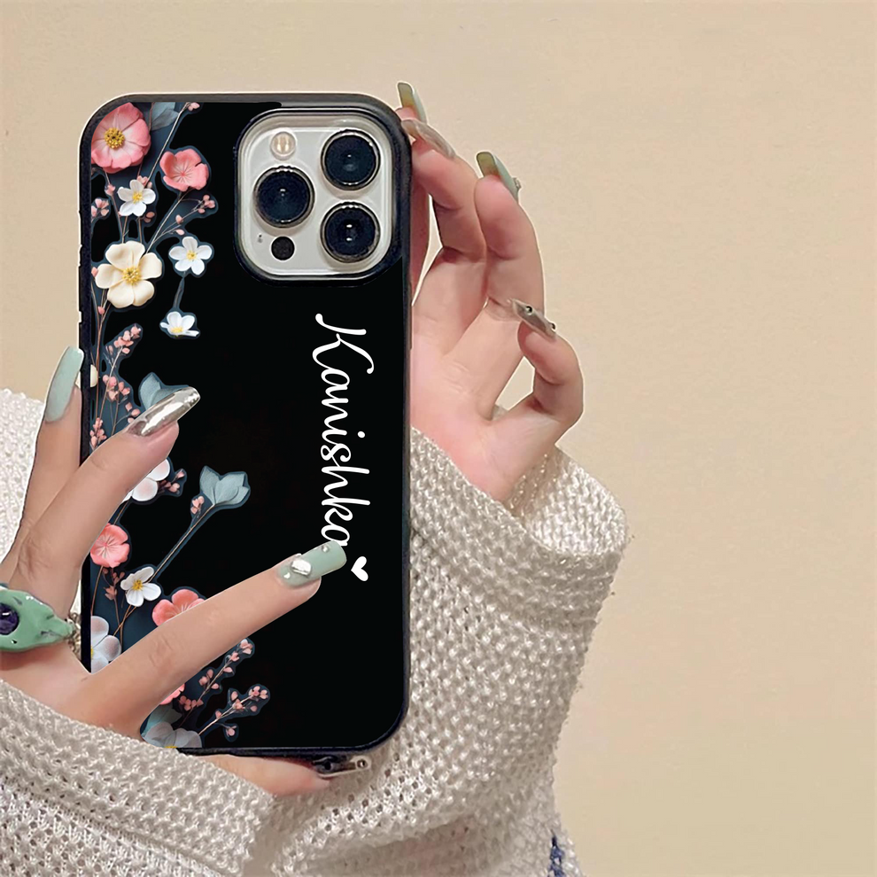 Black Elegance Floral Custom Name Glass Case